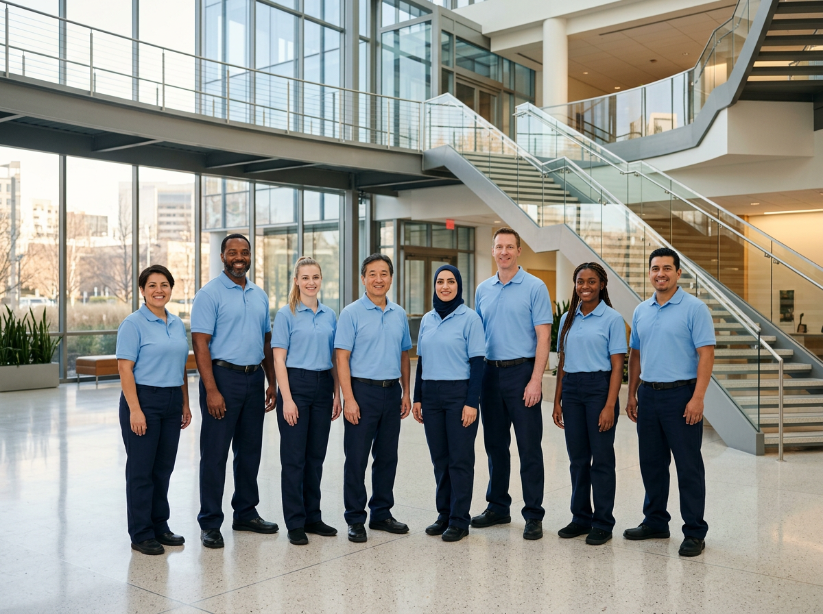 The Natika Maids team of professional cleaners in a modern corporate atrium