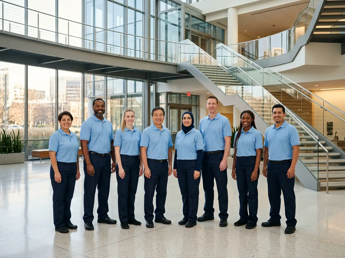 The Natika Maids team of professional cleaners in a modern corporate atrium