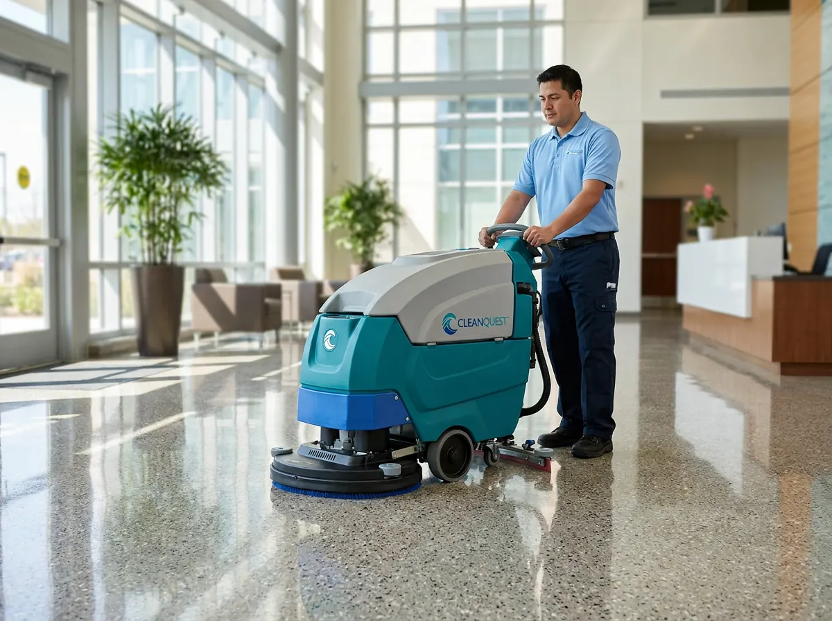 Cleaner in Natika Maids uniform operating advanced cleaning equipment