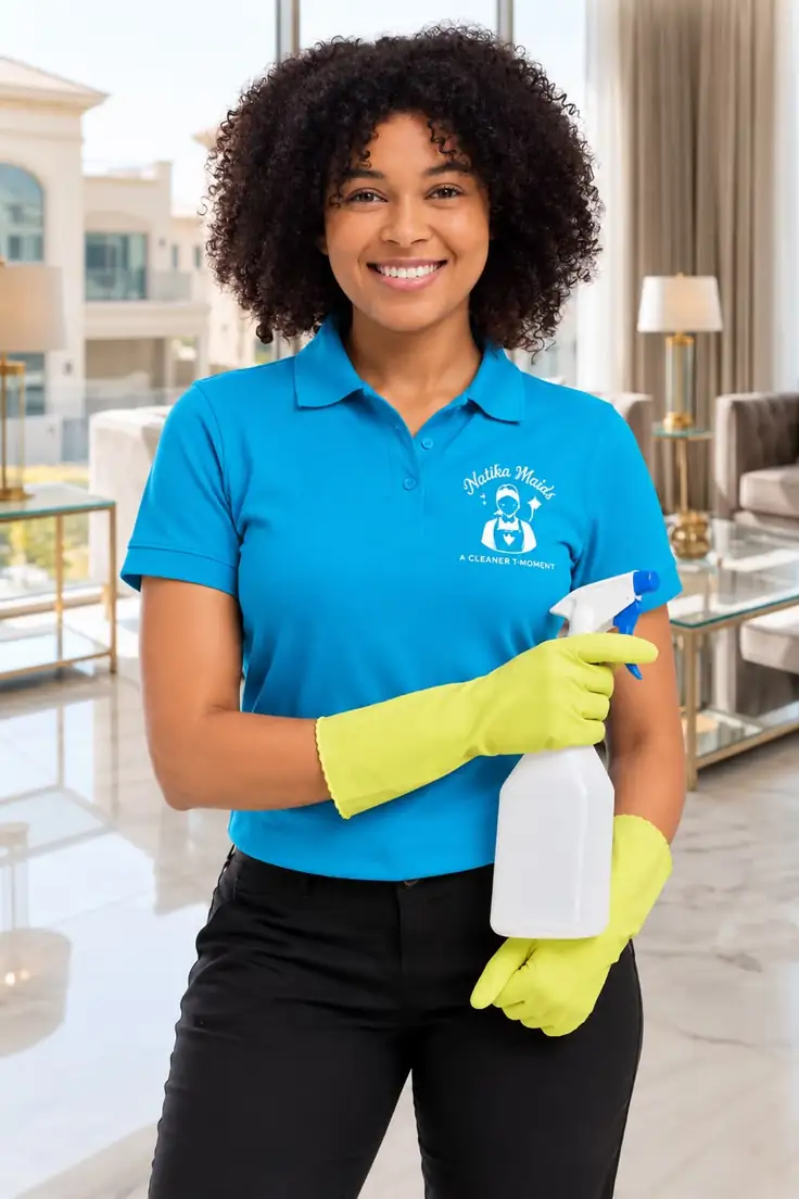 Smiling Natika Maids cleaner in a branded uniform holding a spray bottle