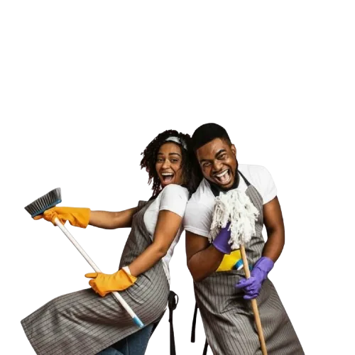 Two smiling Natika Maids cleaners standing back-to-back, one holding a broom and one holding a mop